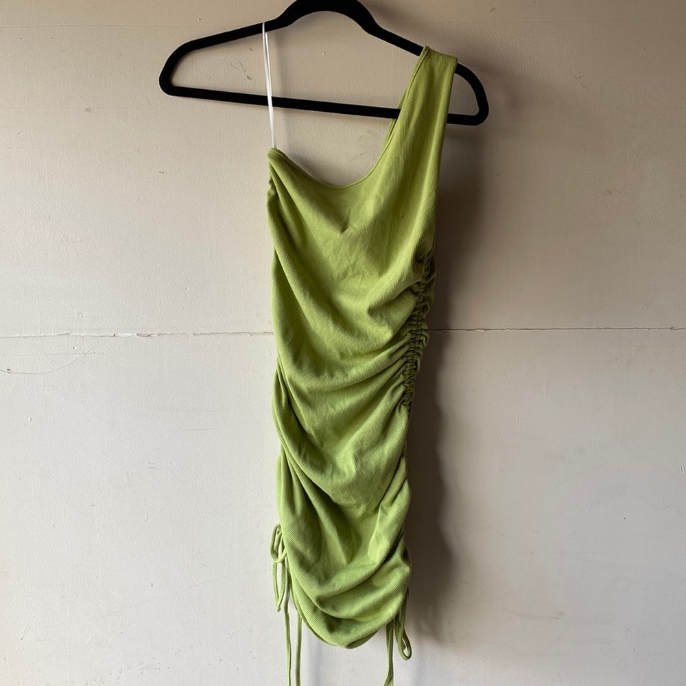 One Shoulder Green Body Con Dress with Cinches on Sides